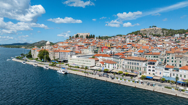 Sibenik waterfront and historical buildings captured from above in sunny weather