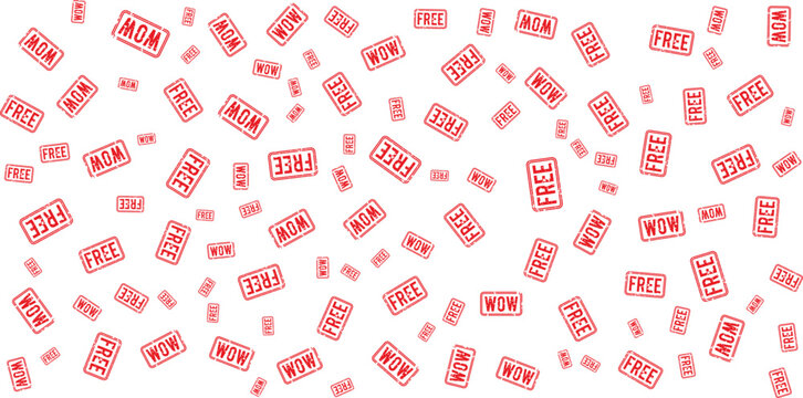 Repeating stamp pattern with words mom free and wow on transparent background