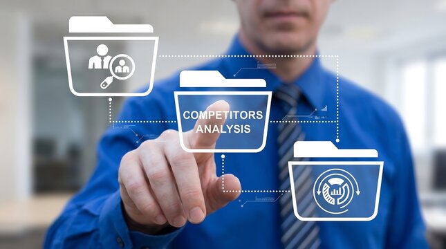 Concept for competitor and market analysis, consumers. Business person using virtual touch screen presses the text COMPETITORS ANALYSIS. new