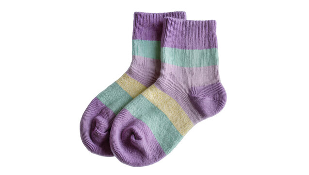 Striped pastel socks with ribbed cuffs, isolated on transparent background