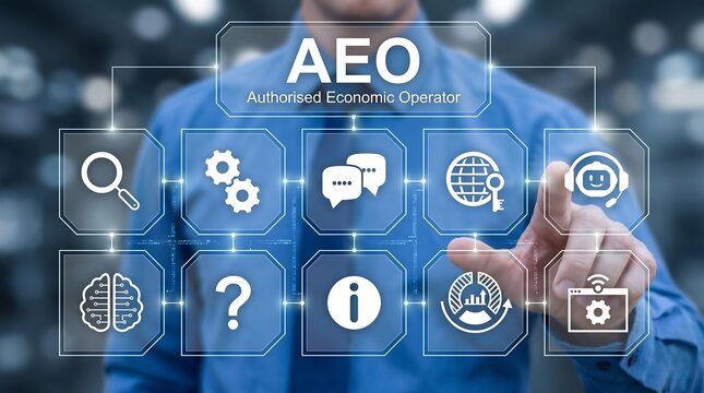 Concept of AEO Answer Engine Optimization. Business person using virtual touchscreen presses the acronym AEO. new