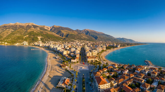 Panoramic aerial view of Vlore city, Albania, showcasing its beautiful coastline and mountains under a clear blue sky.