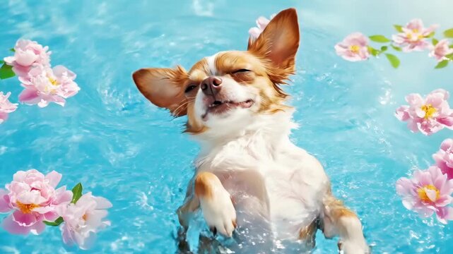 Cute chihuahua dog floating on back in swimming pool with pink peony flowers in water. Puppy enjoying summer vacation at spa resort relaxing