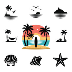 Obraz premium Tropical beach elements set including seashells starfish palm trees surfboard and sun icons.