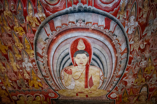 Buddha paintings showcase artistic traditions in Dambulla cave temple located in Central district of Sri Lanka