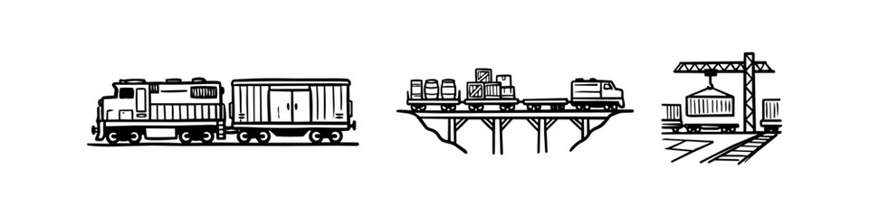 Set of hand-drawn vector illustrations featuring a freight train, a locomotive crossing a bridge, and a crane loading a shipping container. Ideal for logistics and transportation concepts. © Trends