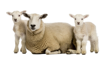 Fototapeta premium Fluffy sheep and two lambs family portrait, isolated on transparent background