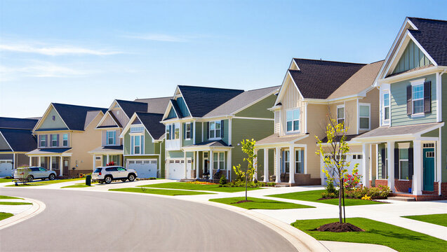 Quiet residential suburban neighborhood street with modern detached houses neighborhood suburban