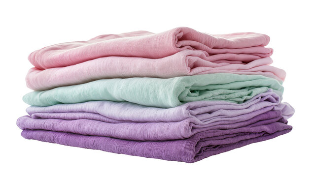 Stack of folded pastel colored linen fabrics, isolated on transparent background