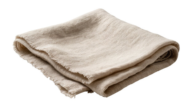 Folded beige linen napkin with frayed edges, isolated on transparent background