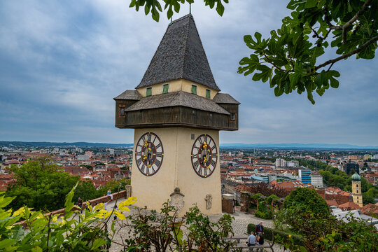 Clock Tower at Castle Hill showcases rich history and view of Graz city, Austria
