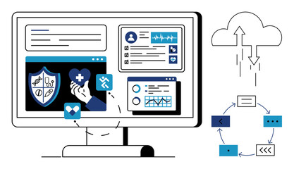 Fototapeta premium Healthcare data management concept. Data management with secure cloud integration and analytics interface. Healthcare ensures secure networks for clinical data handling. For medical, IT, analytics
