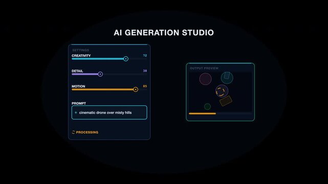 Ai generation studio interface with various prompt settings, ideal for techrelated websites, app design mockups, artificial intelligence concepts visuals.