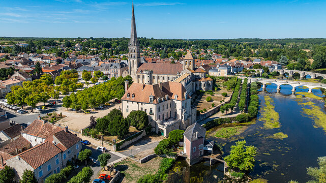 Aerial view of Abbey Church of Saint-Savin-sur-Gartempe highlighting its architecture and landscape in France