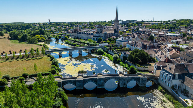 Bird's eye view of Abbey Church of Saint Savin sur Gartempe and surrounding landscape in France