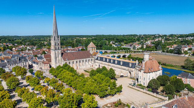 Aerial view of Abbey Church of Saint-Savin-sur-Gartempe showcasing the site and surrounding area in France