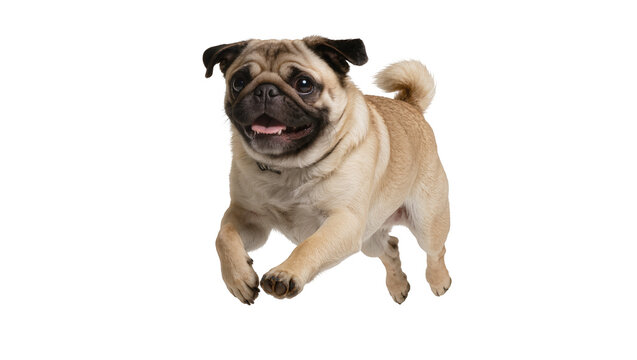 Happy pug dog running with tongue out, isolated on transparent background