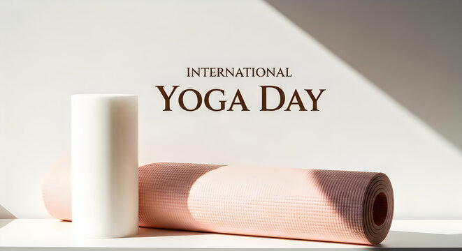 International yoga day banner with rolled yoga mat and block