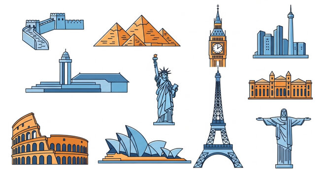 Famous World Landmarks Collection Illustration.