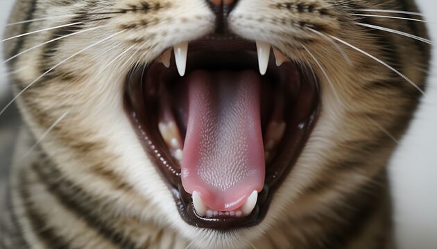 Domestic cat yawning widely, showing sharp fangs and pink tongue in a detailed close up