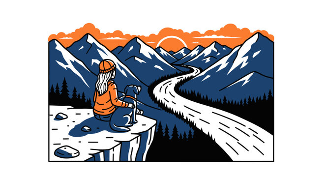 Woman and dog on mountain cliff watching sunset over winding road