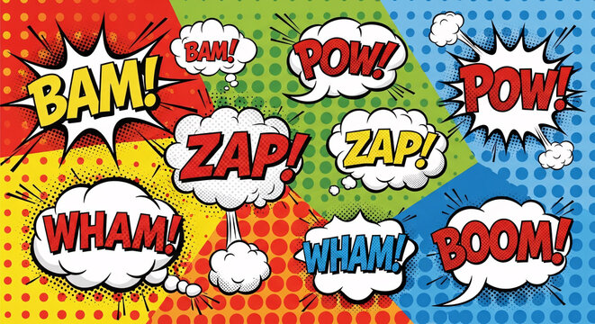 Comic book explosion sound effects background.