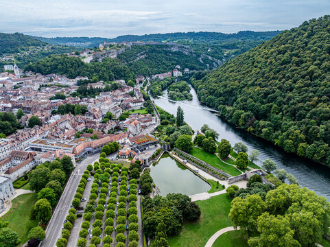 View of the UNESCO site Citadel of Besancon over the Doubs River and surrounding landscape in France