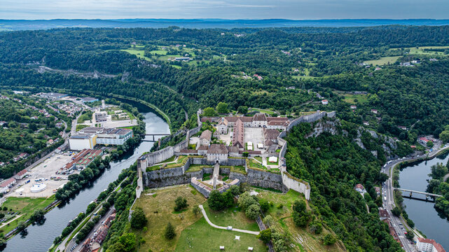 Explore the historical citadel of Besancon from an aerial view in the region of eastern France