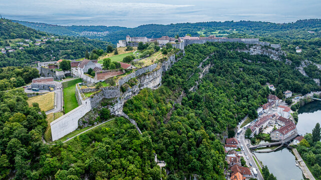 Exploring the citadel of Besancon from above in France showcasing its historic structures and natural setting