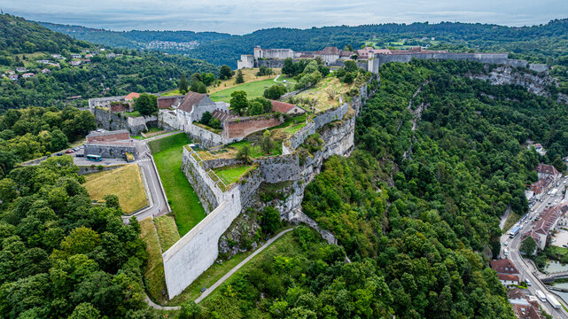 Cultural heritage site showcasing the citadel of Besancon from above in France with green landscapes