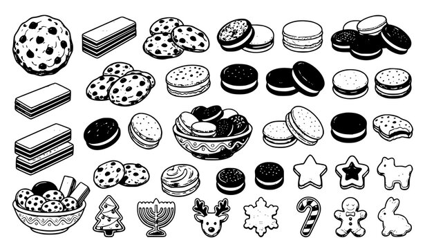 Sweet cookies biscuits flat vector bakery food illustration set