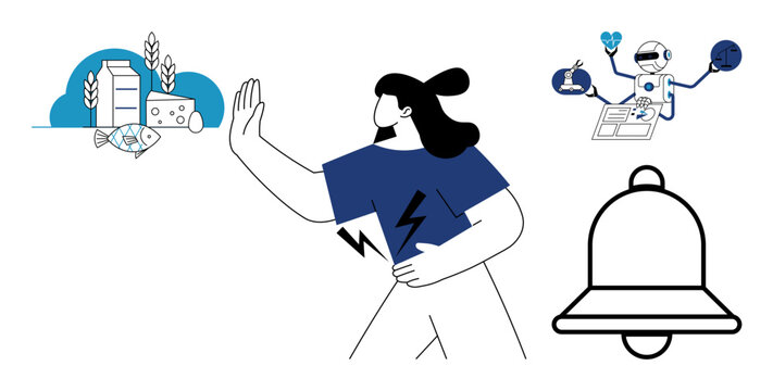 Food allergies, health awareness, medical research, nutrition, prevention, and diagnosis. Woman gesturing to avoid allergen foods, robot conducting research and bell symbol. Food allergies