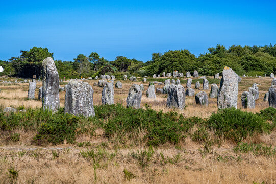 Ancient stone structures stand in a field under a clear blue sky in France with lush greenery nearby