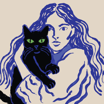 Web4. Dreamy Blue Hair Woman With Black Cat Illustration.