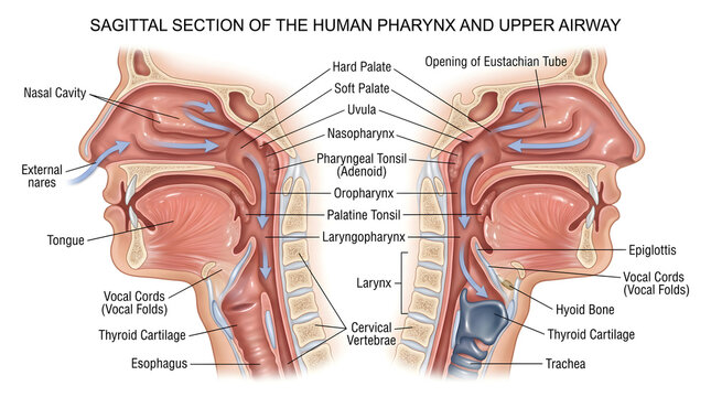 Sagittal section of the human pharynx and upper airway comparing airflow through nasal and oral cavities, soft palate, nasopharynx, oropharynx, laryngopharynx, larynx and trachea, highlighting coordin