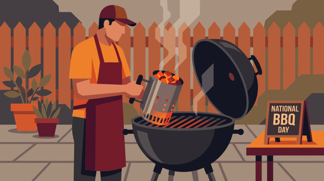 Man Preparing Charcoal Grill for National BBQ Day Illustration