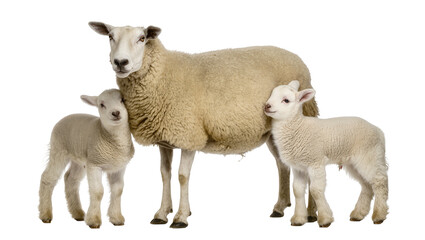 Fototapeta premium Mother sheep with two young lambs, isolated on transparent background