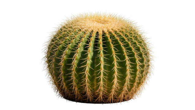 Round green barrel cactus with sharp golden spines, isolated on transparent background