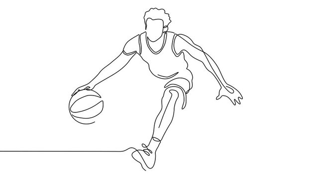 One Line Illustration Silhouette of a Basketball Player with Ball &ndash; Dynamic Sport Action