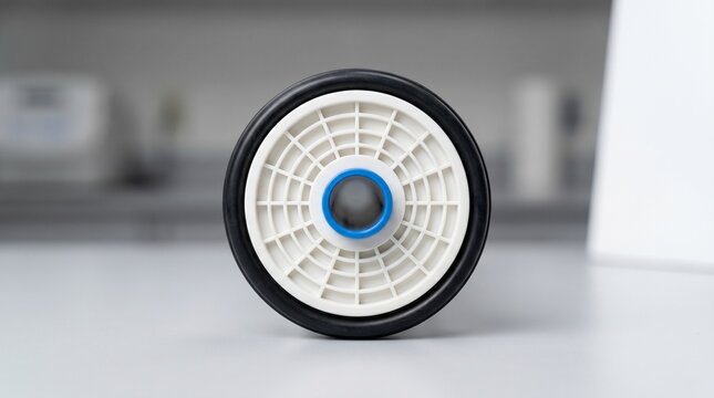 Macro view of spiral wound membrane end cap with brine seal ring on maintenance bench