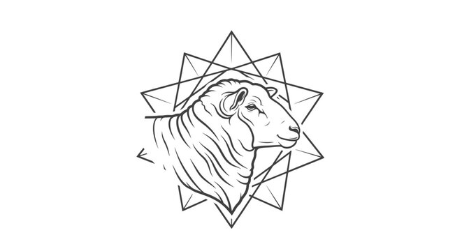 Elegant sheep head drawing within geometric star shape on white backdrop