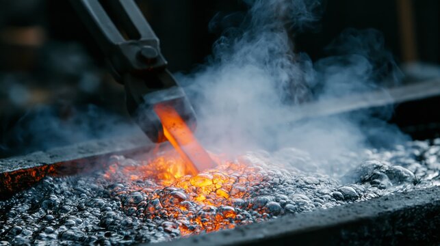 A blacksmith plunging a glowing steel blade into an oil quench tank with violent steam erupting from the surface.