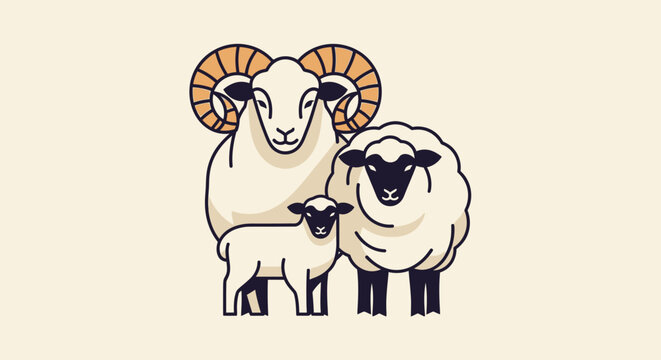 Family of sheep illustration on cream background for design projects