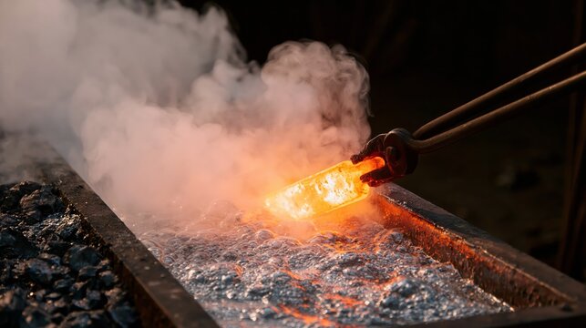 A blacksmith plunging a glowing steel blade into an oil quench tank with violent steam erupting from the surface.