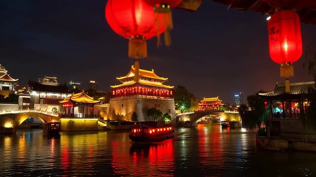 Handheld panning medium front shot of Nanjing Confucius Temple at night, Qinhuai River painted boats, Jiangnan style architecture and glowing lanterns charming night scenery