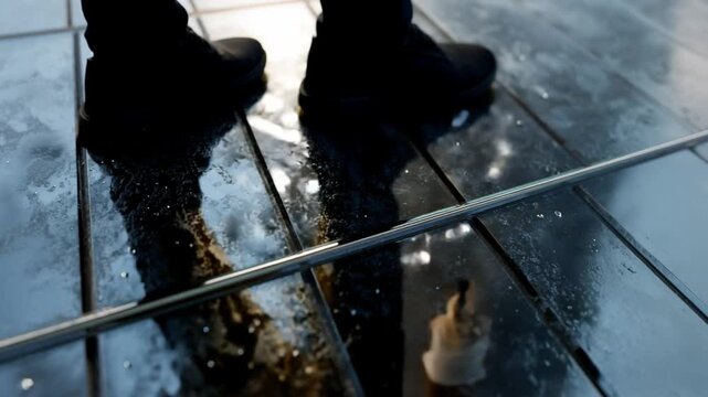 Urban Footsteps on wet Glass: a pair of feet make their way across a wet glass surface, reflections dance and play with the light casting a compelling display.