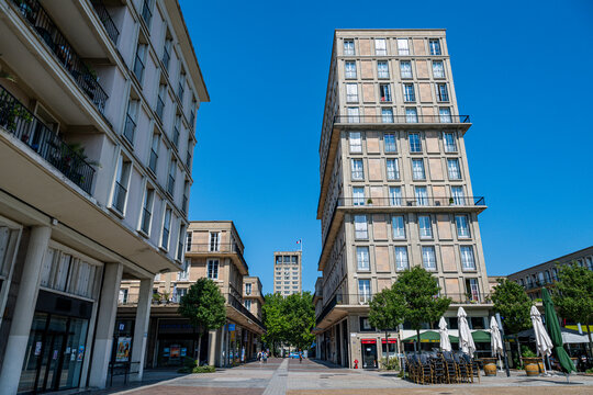 Unique buildings and modern design in Le Havre, showcasing urban development in Normandy, France under clear blue sky