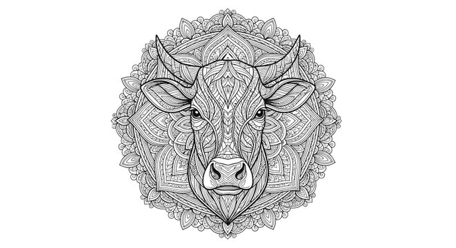 Intricate mandala bull head illustration isolated on white background