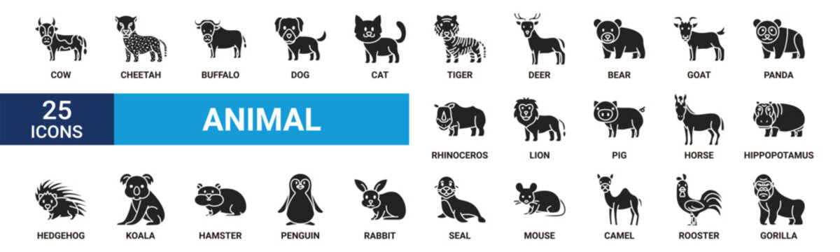 Animal icon set. Containing cow, cheetah, buffalo, dog, cat, tiger, deer, bear, goat, panda and more. Glyph vector icons collection.