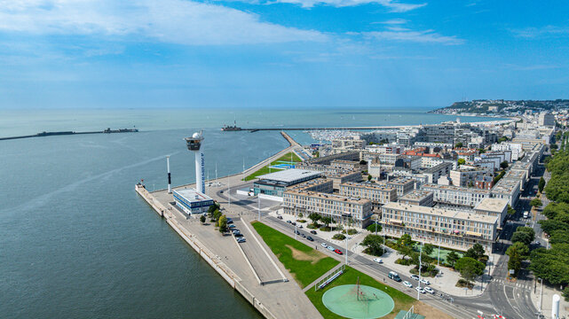 Aerial view of Le Havre coastline showing buildings and water in Normandy, France